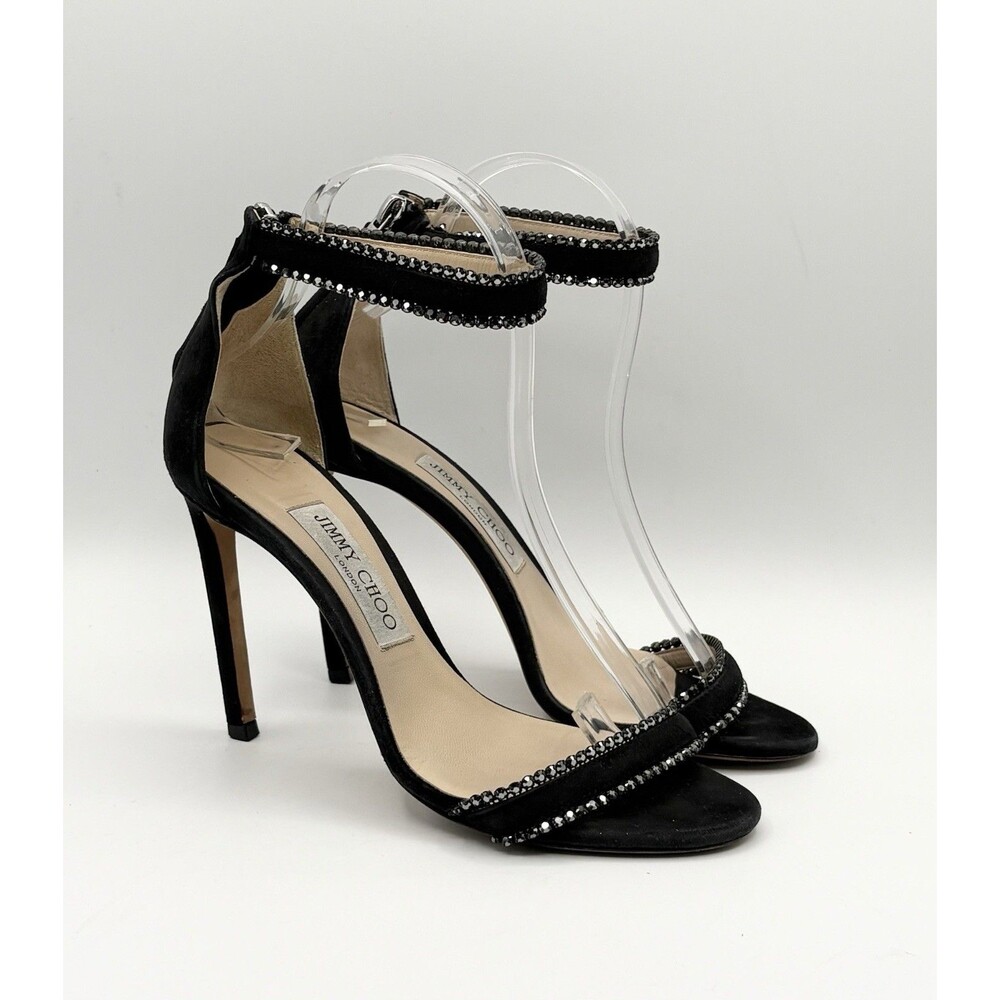 Jimmy Choo Black Suede Crystal Embellished Ankle Strap Sandals Heels EU 37